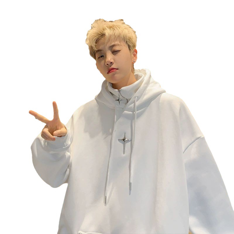 Falso de dos piezas con capucha suéter de los hombres 2023 otoño nueva marca de moda americana retro de gran tamaño media cremallera abrigo