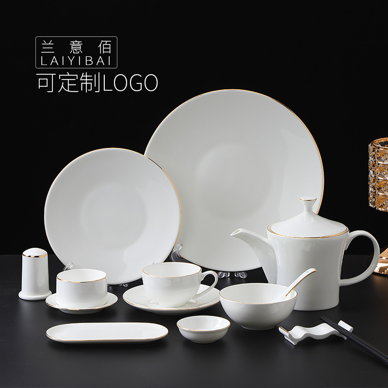 酒店轻奢风高档描金骨瓷米饭碗茶杯整套餐厅包厢私人会所摆台餐具