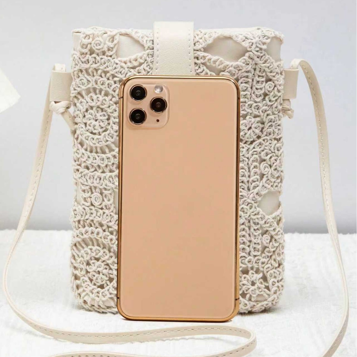 Women's Cross-Border Lace Hollow Casual Style Mini Mobile Phone Bag Fashionable and Versatile Hollow Cotton Pattern Shoulder Bag