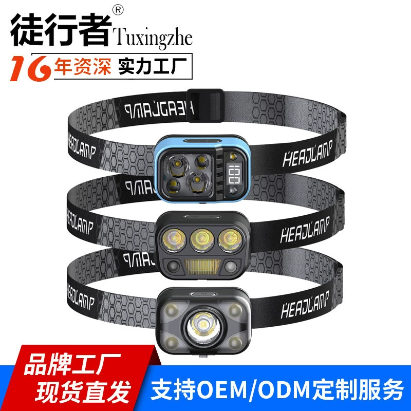 Трансграничный Новый Портативный Регулируемый налобный фонарь с несколькими источниками света, сильный свет, многофункциональный водонепроницаемый высокопрочный Электрический налобный фонарь с дисплеем