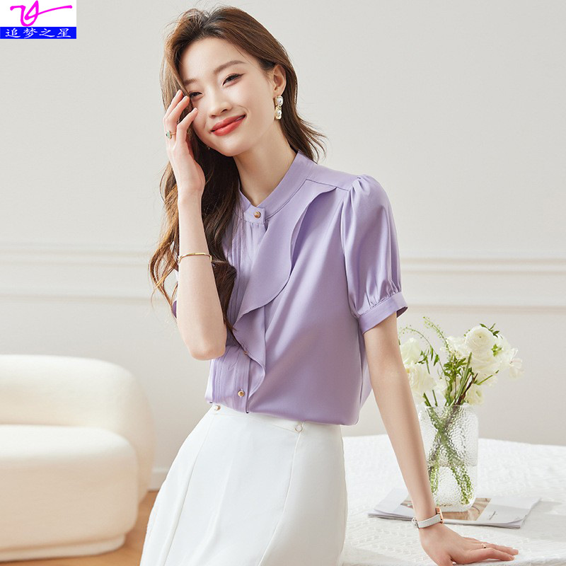 여름용 얇은 러플 디자인 드레이프감 있는 반팔 셔츠 여성용 일본식 작은 사이즈 루즈핏 다용도 디자인 셔츠