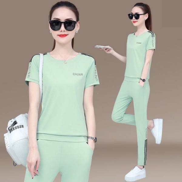 Women's Casual Sports Suit Trendy Summer Short Sleeve Loose Korean Style Running Sportswear Two-Piece Set_voghion.com