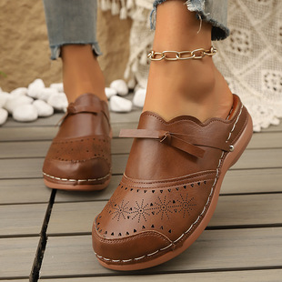 Summer new women's shoes bow hollow closed toe flat sandals Amazon cross-border comfortable fancy women's slippers