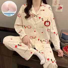 批发春秋季新款睡衣女款仿棉长袖带胸垫开衫甜美可爱风家居服套装