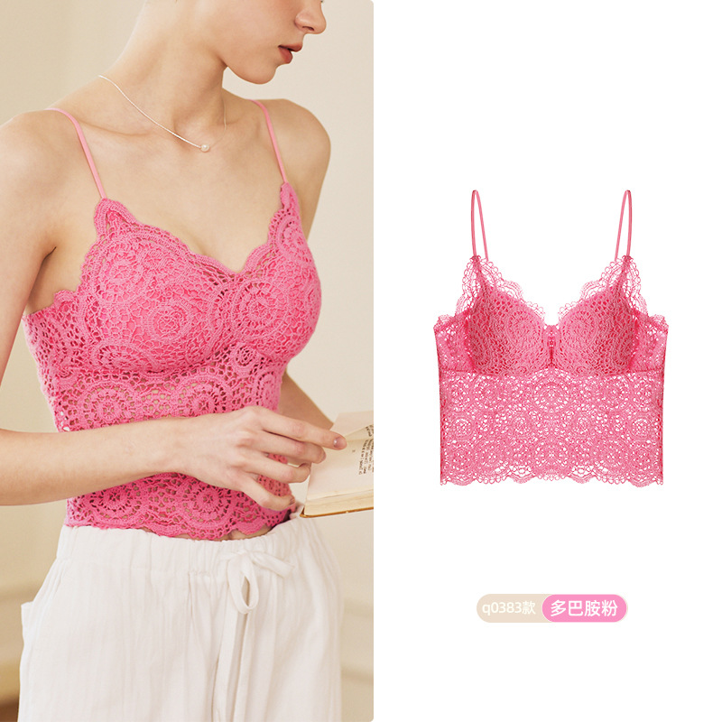 8729 French Light Luxury Encaje sexy Deep V Medio Sling Encaje Ropa interior Chaleco Mujer Sujetador sin cuello en V Mujer