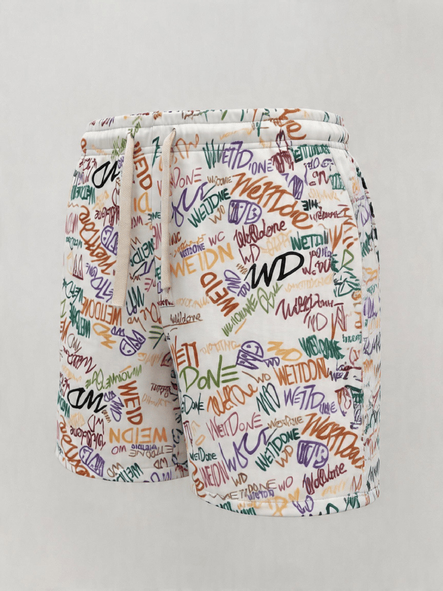 Retro Full Print Graffiti Lettering Men's Summer Shorts, High Street Loose Fit Straight Leg 5-Point Shorts_viptrois.com
