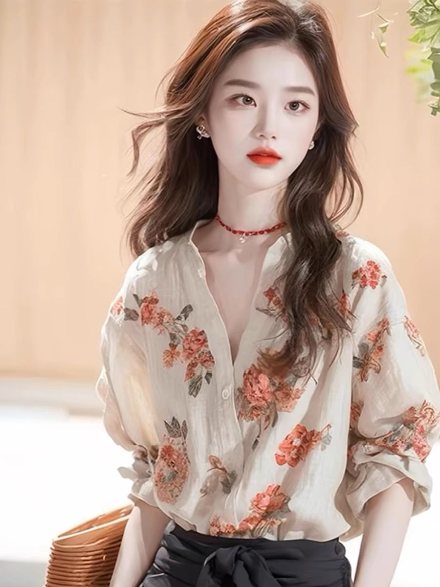 Áo sơ mi nữ dài tay họa tiết hoa nhí đi làm — Màu ảnh