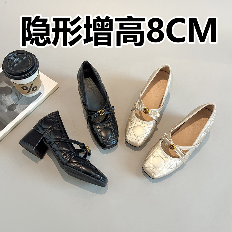 Mountain tea with hidden heel square toe, Mary Jane shoes with diamond pattern, metallic color, increase height by 8 cm, Collection Year 2026, wide stable heel