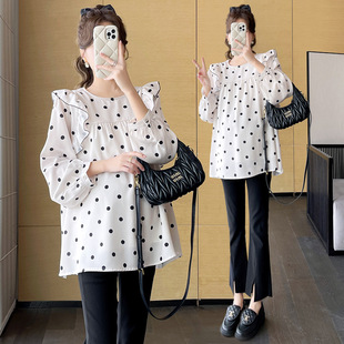Real shot ~ 2024 quality spring new maternity dress chiffon long sleeve polka dot doll shirt plus size fashion trendy mom