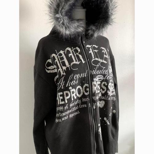 Vintage Black Hooded Sweatshirt with Letters, Autumn/Winter Dark Punk Padded Zip-Up Hoodie Sweatshirt with Wool Collar