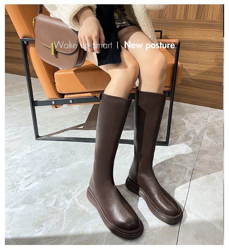 150 short stature with less than knee height, women's new round headed brown plush knight boots for autumn and winter_voghion.com