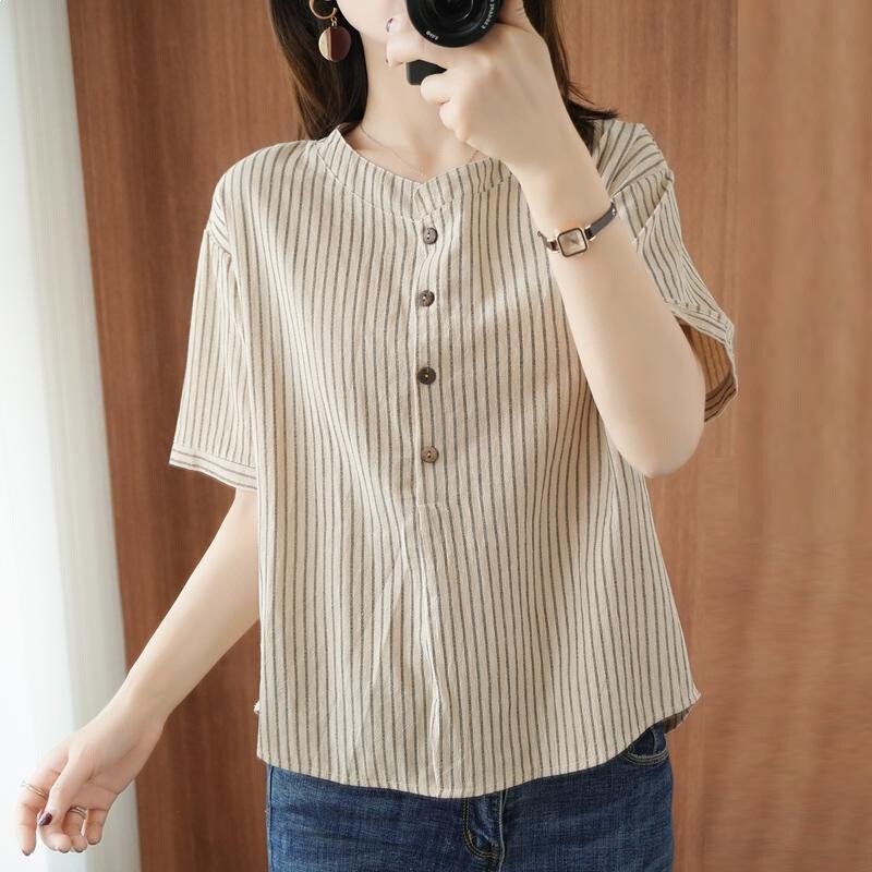 Mom's New Cotton Short-Sleeve T-Shirt for Women, Vertical Stripes, Faux Cotton-Linen, Khaki, Forest Green, White, Dark Blue, Brushed Fabric