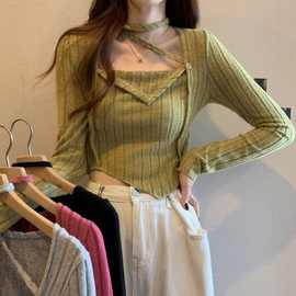 纯欲风设计感小众挂脖针织衫女秋冬新款修身显瘦短款长袖上衣