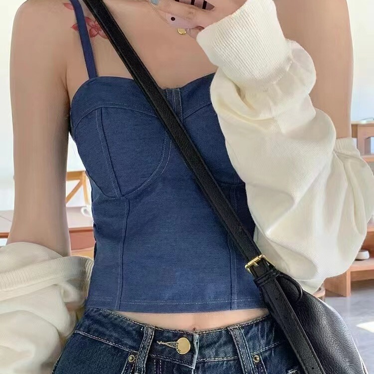 New Hong Kong-style Denim Suspenders Chest Pad Navel Vest All-match Outer Wear Sleeveless Top Women's Base Shirt Strapless Beautiful Back