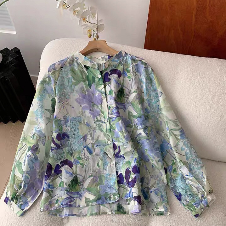 2941 Wisteria Flower Oil Painting Printed Silk Cotton Shirt Women's Spring and Autumn Lightweight Loose Floral Shirt