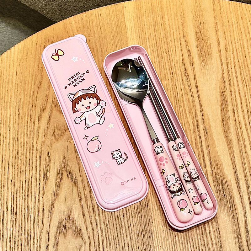 ちびまる子ちゃん304ステンレスセラミックスプーン箸かわいい寮家庭用携帯食器三点セット|undefined