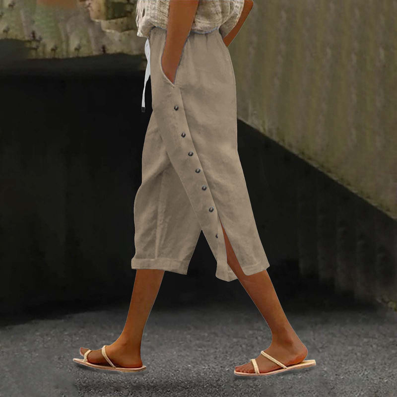 Women's Casual Side Button Open Wide-Leg Lazy Cotton and Linen Solid Color Casual Pants with Elastic Waist (Capri Pants)