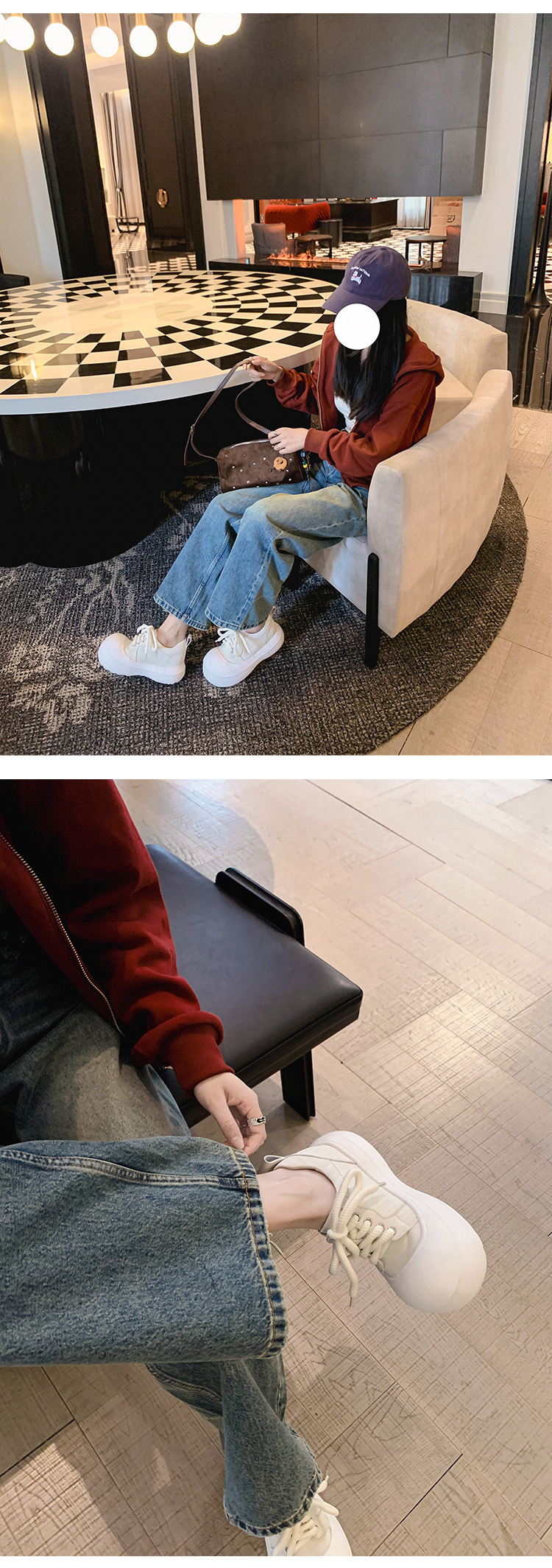 Giày sneaker nữ đế dày chunky mũi to phong cách bánh mì dây buộc tăng chiều cao — màu đen, màu hồng, màu trắng chi tiết 21