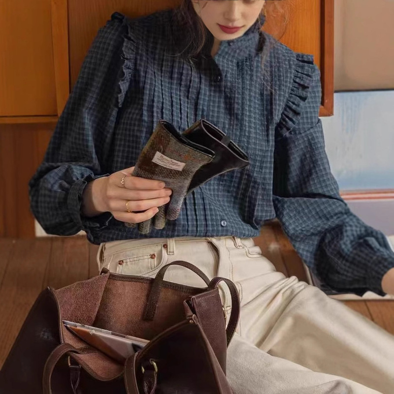 Dailyart French Palace Style Fungus Stand-Up Collar Pleated Design Retro Blue Plaid Shirt Top for Women