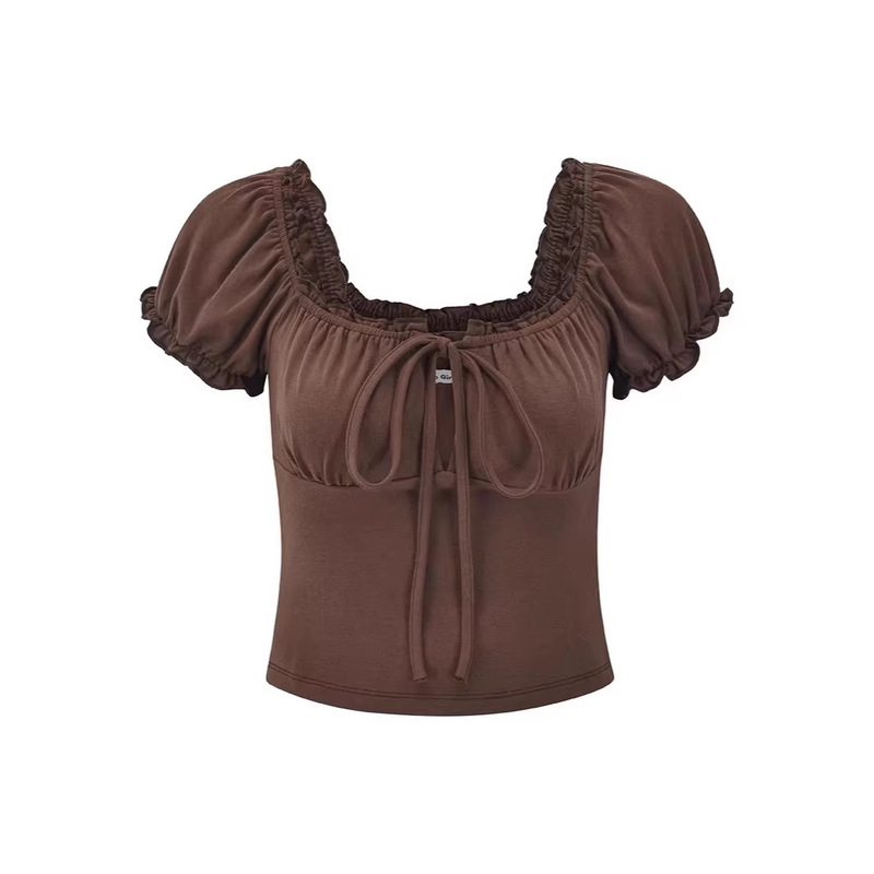 Short-Sleeved T-Shirt for Women, Summer Off-Shoulder Top with Square Neck and Puff Sleeves, Slim Fit for Petite Figures, Versatile Short Style That Reveals Collarbone, Elegant Look Short-Sleeved T-Shirt for Women, Summer Off-Shoulder Top with Square Neck and Puff Sleeves, Slim Fit for Petite Figures, Versatile Short Style That Reveals Collarbone, Elegant Look