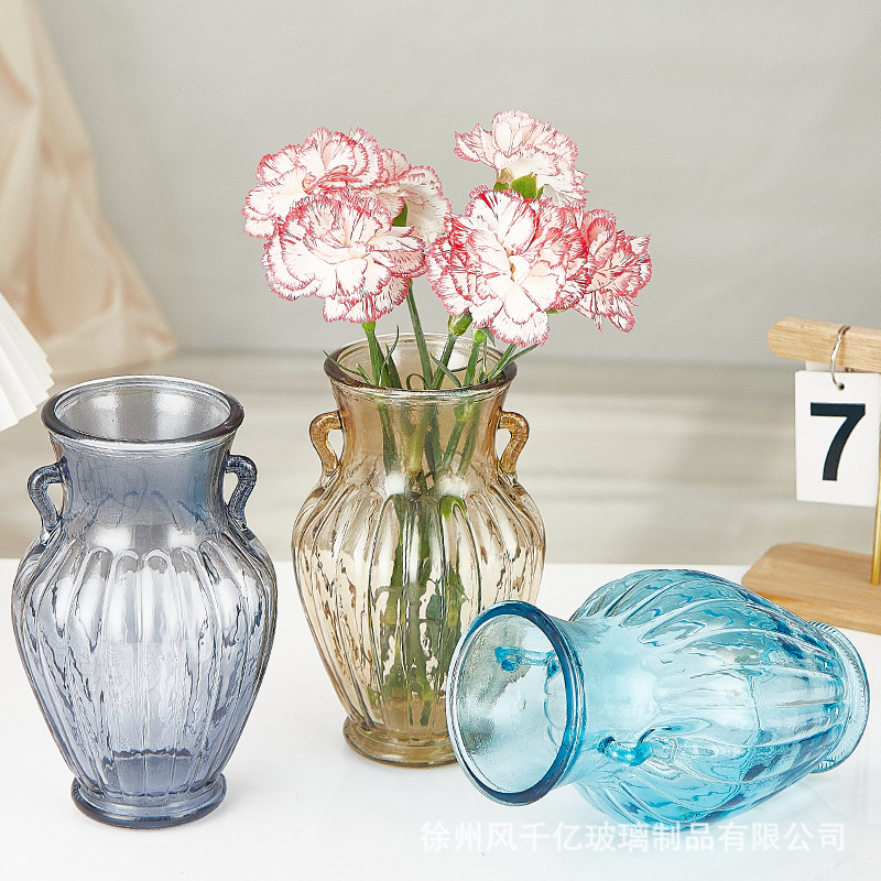 批发双耳竖条透明玻璃花瓶卧室摆件时尚彩色创意水培小清新富贵竹