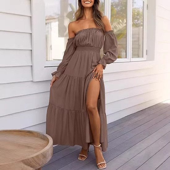 Flowing Long Dress 2026 with Sexy Waist, Side Shirring, A-Line Slit, Long Sleeves, High Layering, and Exposed Design Flowing Long Dress 2026 with Sexy Waist, Side Shirring, A-Line Slit, Long Sleeves, High Layering, and Exposed Design