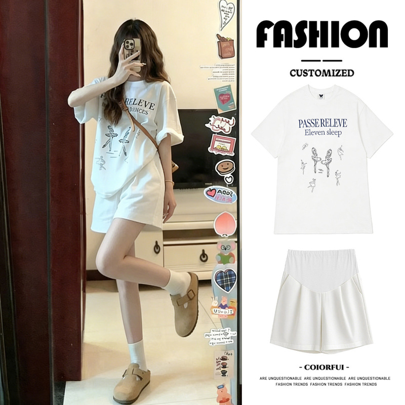 Maternity Shorts Set, Summer Short-Sleeved T-Shirt, Thin Casual Style, Loose Fit, Belly-Covering, Slimming Top, Lazy Style for Women