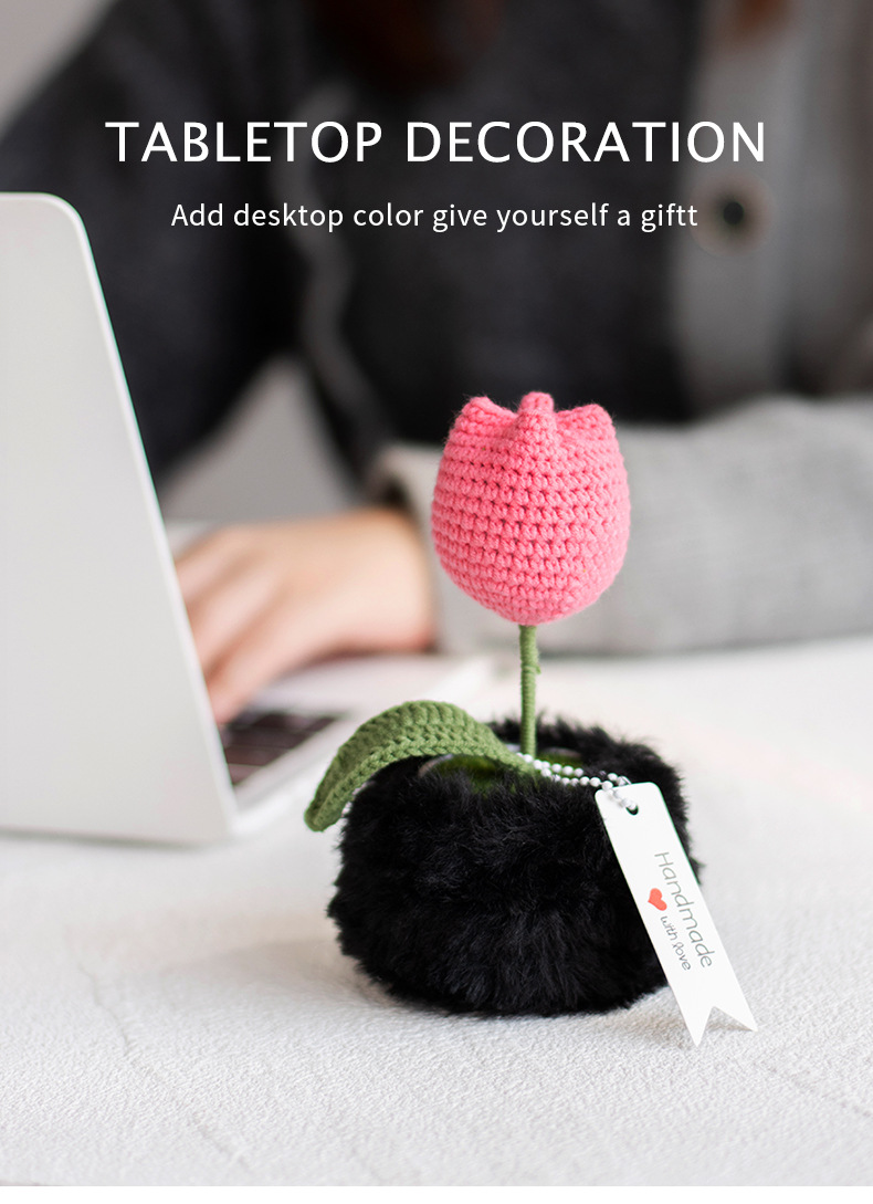 Handcrafted artificial flower ornaments, tulip crocheted potted plants, knitted woolen flowers, as bouquet gifts for elders and friends pic 4