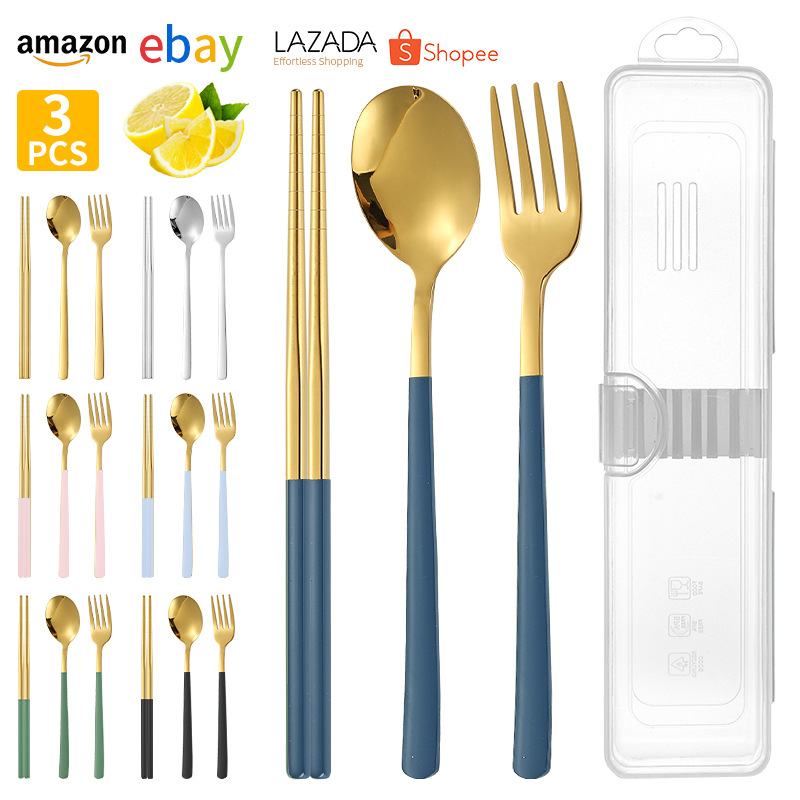304 스테인레스 스틸 한국식 포크, 스푼 및 젓가락 여행 야외 보관함 3 피스 식기 학생 식사 휴대용 세트