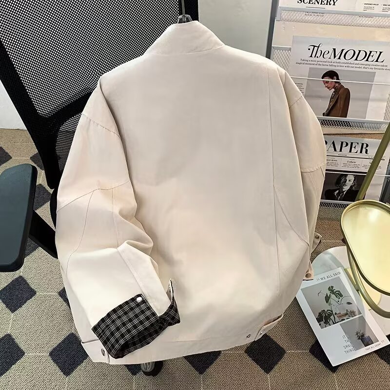 Grid Splicing Jacket, Trendy Loose Baseball Jacket, Lapel Workwear Jacket_voghion.com