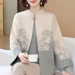 お母さんの秋の服の新型のニットのカーディガンの2つのセットは中高年の女性の春と秋の冬のファッションの国風のセーターのコートを詰めます。