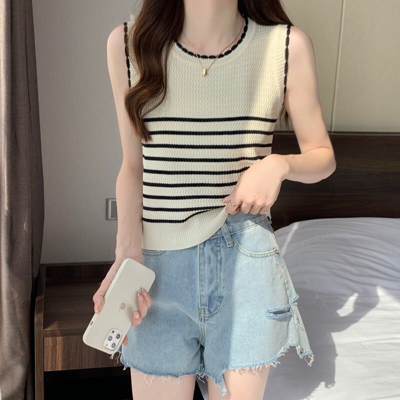 Pullover Striped Knitted Women's Outer Wear Summer New Slim Fit Versatile Short Sleeveless Sweet and Cute Top for Women Pullover Striped Knitted Women's Outer Wear Summer New Slim Fit Versatile Short Sleeveless Sweet and Cute Top for Women