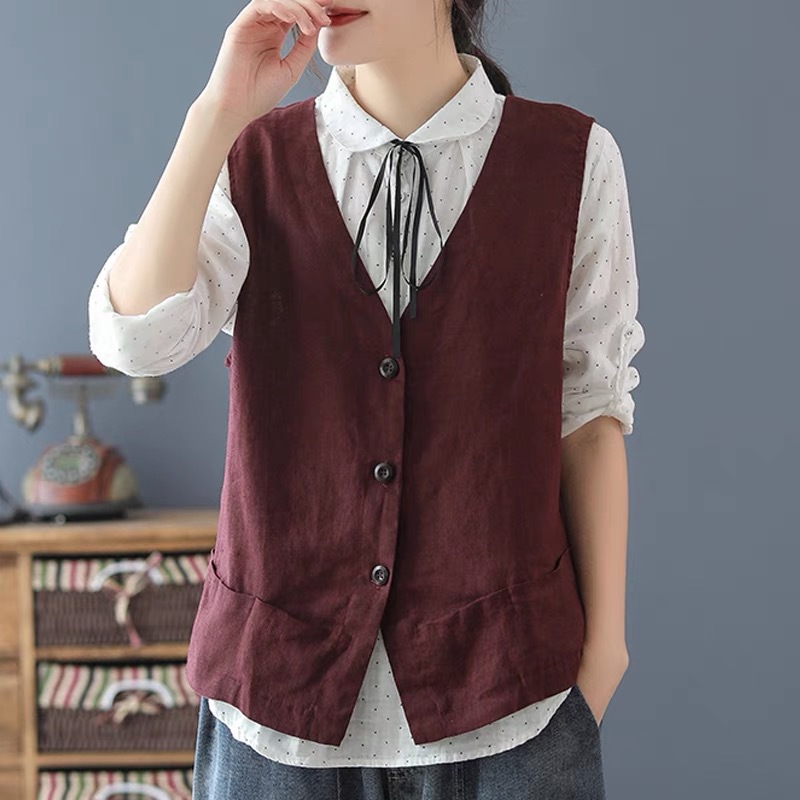 Chaleco de algodón y lino, chaqueta pequeña, verano para mujer 2025, nuevo estilo, chaleco fino, chaleco informal suelto y delgado