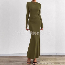 欧美速卖通热销女装2025秋冬新品时尚气质修身褶皱圆领长袖连衣裙