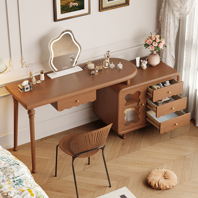 Medieval-style solid wood dressing table with storage cabinet, integrated dressing table for small apartment bedroom, corner bed end retro-style vanity desk