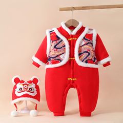 嬰兒連體衣服小寶寶喜慶新年冬季紅色國潮加棉加厚外出過年拜年服