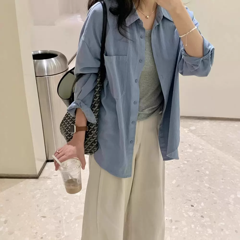 纯棉polo领法式衬衫女春秋2025新款韩系宽松休闲衬衣长袖开衫上衣