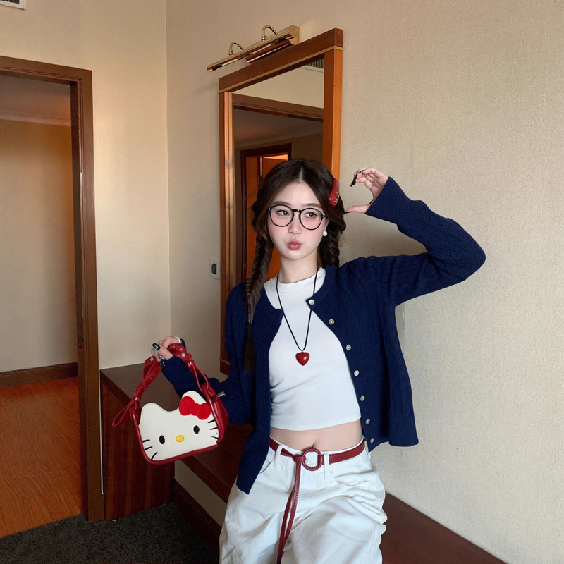 Navy Blue Sweater Cardigan Jacket for Women 2025 New Early Autumn Wear Super Nice Knitted Top