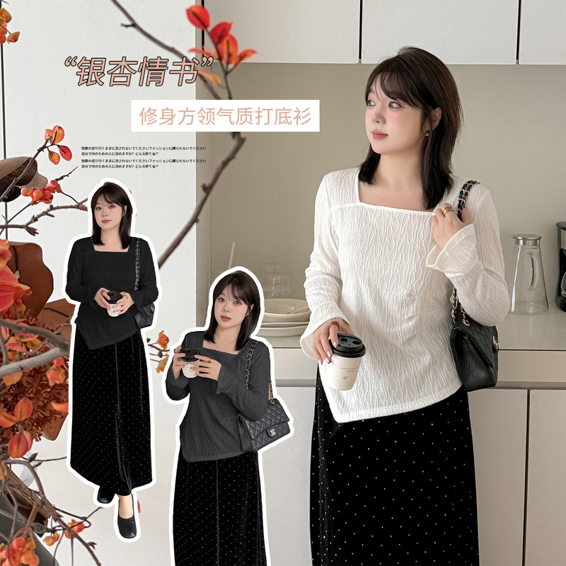 Inno Plus-Size Women's Square-Neck Flared-Sleeve Base Shirt, New Autumn Style Irregular Slim-Fit Top 323478