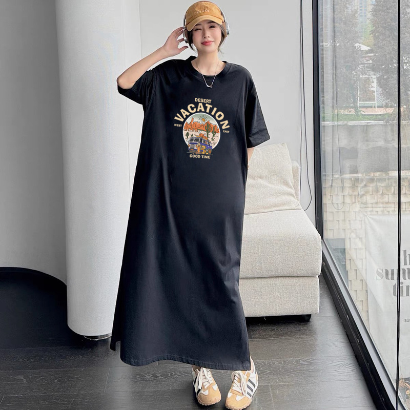 Foreign Trade chubby girl plus size dress Women's Summer Loose Slimming Girls Mid-length Lazy Short-sleeved T-shirt Long Skirt