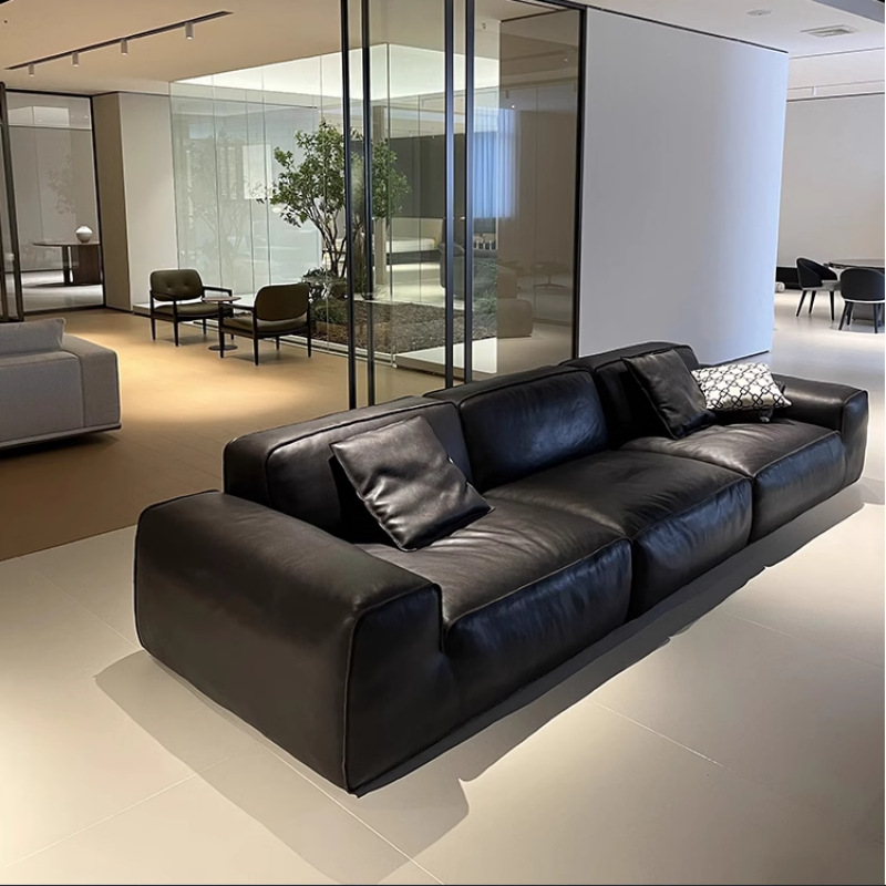 Sofá de vaca negra grande sala de estar de estilo grande sofá de cuero recto combinado de cuero simple 2.0 espesor