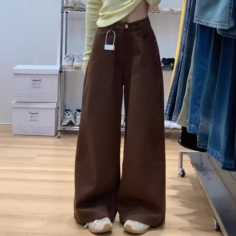 【Korean Style】Coffee-Colored High-Waisted Jeans for Women, 2025 Autumn New Style, Slimming, Loose, Drapey, Straight-Leg, Floor-Length Pants