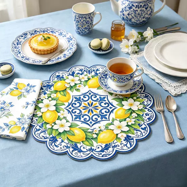 Cross-border Amazon yellow lemon placemats, paper tea party, gathering, party, eucalyptus leaf bow placemat decoration