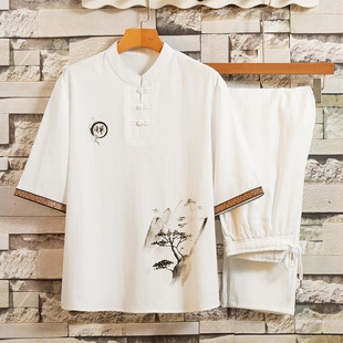 Chinese Style suit Hanfu Men's Short-sleeved T-shirt Tang Suit Men's Summer Half-sleeved Casual Top Jushi Zen Suit Men's