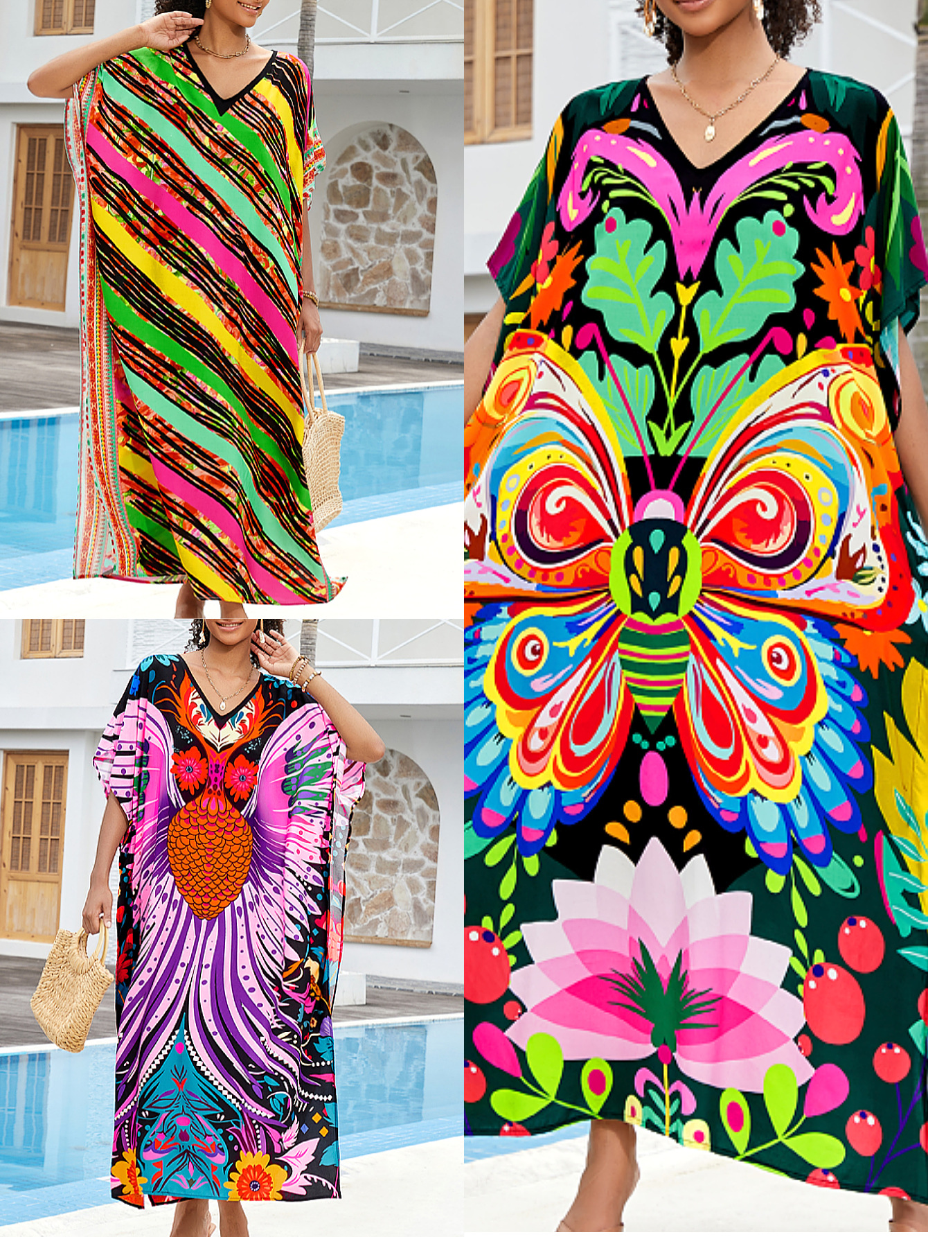 Camiseta de playa algodón impresa bohemia vestido vestido bat-mangas túnica bañador abrigo AT621