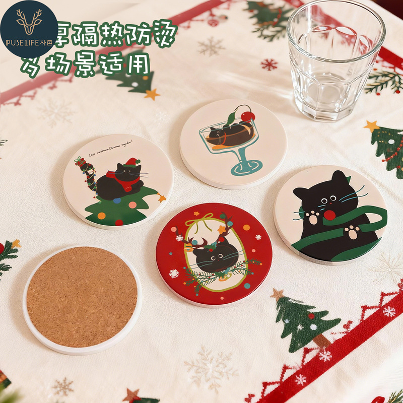Christmas Cat Ins Ceramic Coaster Custom Photo DIY Gift Peripheral Anime Water-Absorbent Non-Slip Cork Sticker