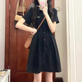 夏季新款韩版小黑裙显瘦POLO领短裙子高级感学院黑色衬衫连衣裙女