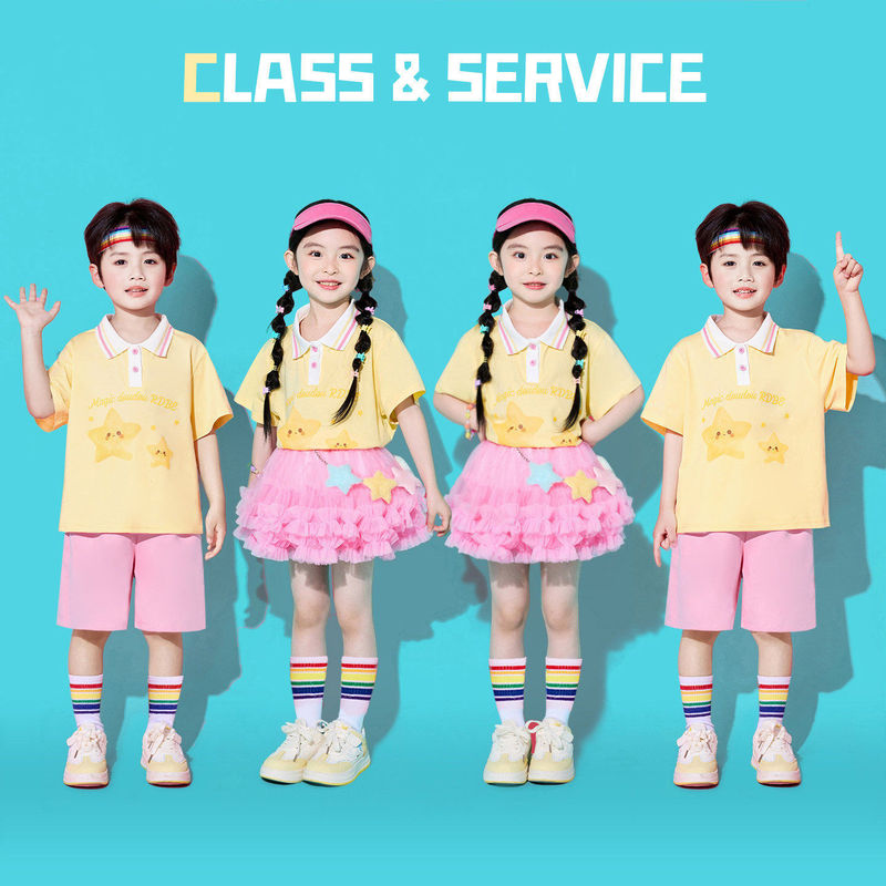 Children's Cheerleading Chorus Performance Costumes for Primary School Students and Kindergarten Performance Costumes, Cute Style Short-Sleeved Dance Suits Children's Cheerleading Chorus Performance Costumes for Primary School Students and Kindergarten Performance Costumes, Cute Style Short-Sleeved Dance Suits