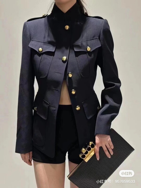 High-End Women's Clothing m Brand Wool Long Blazer with Black and Gold Buttons, Structured Tailoring, Navy Blue Long Military-Style Coat High-End Women's Clothing m Brand Wool Long Blazer with Black and Gold Buttons, Structured Tailoring, Navy Blue Long Military-Style Coat