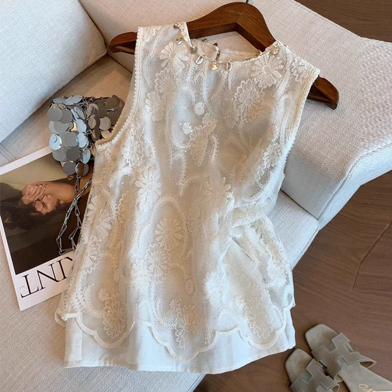 G6N Женский топ без рукавов с тяжелой кружевной вышивкой во французском стиле и бисером, новый летний дизайн, модный, нежный и тонкий.